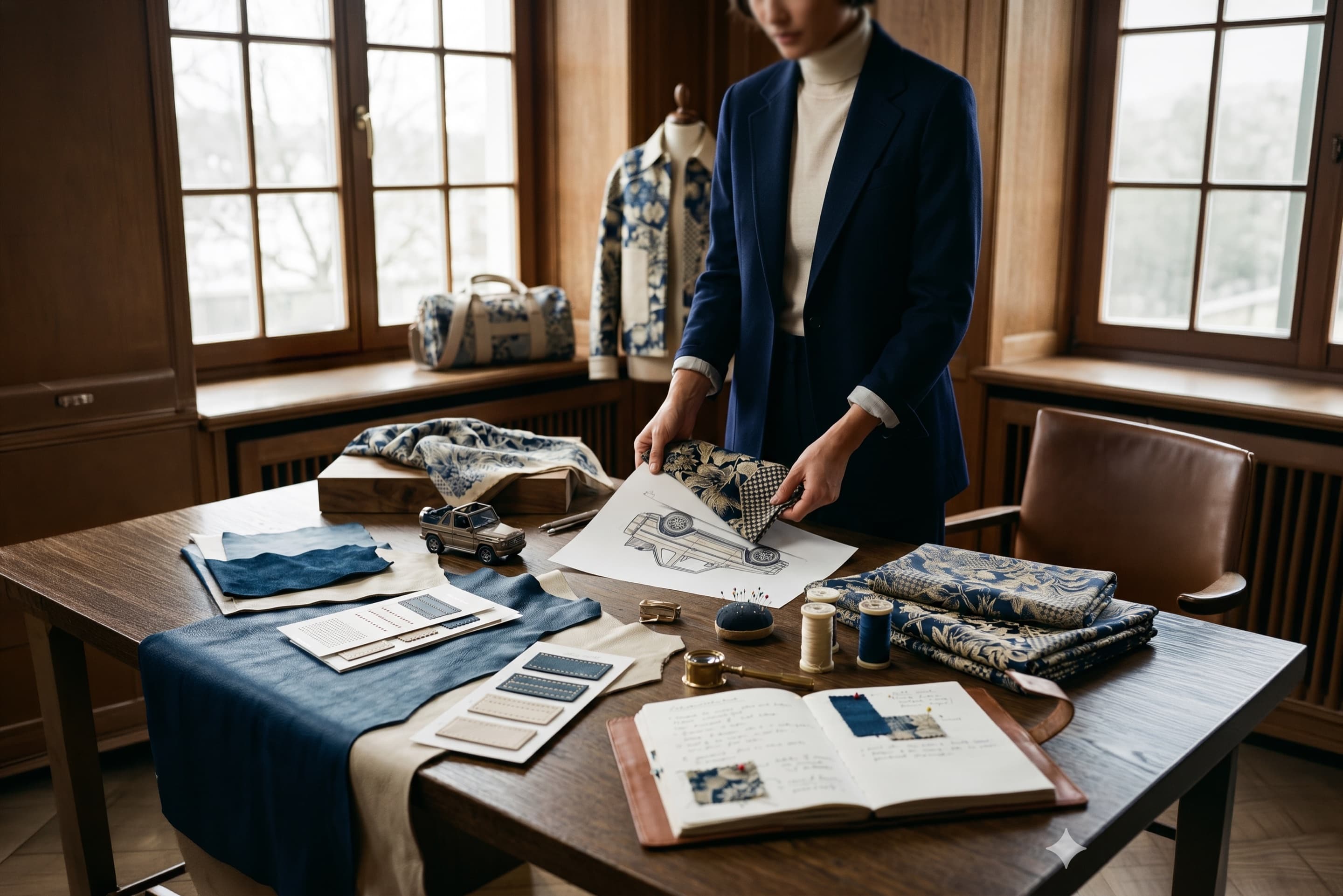 HOF Atelier - the designer at work with botanical jacquard, sketches and leather