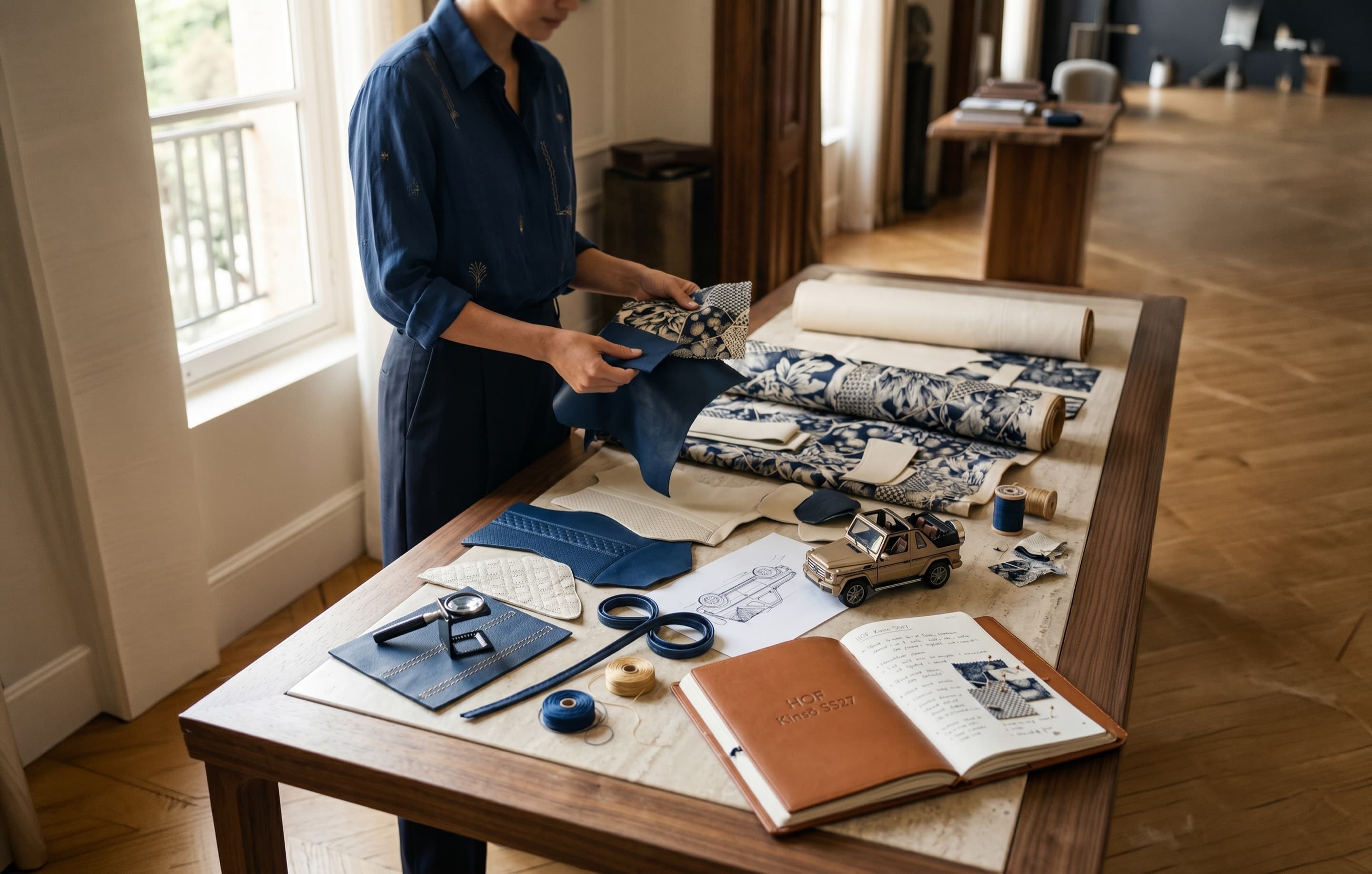 HOF designer at the atelier - examining jacquard, leather and sketches