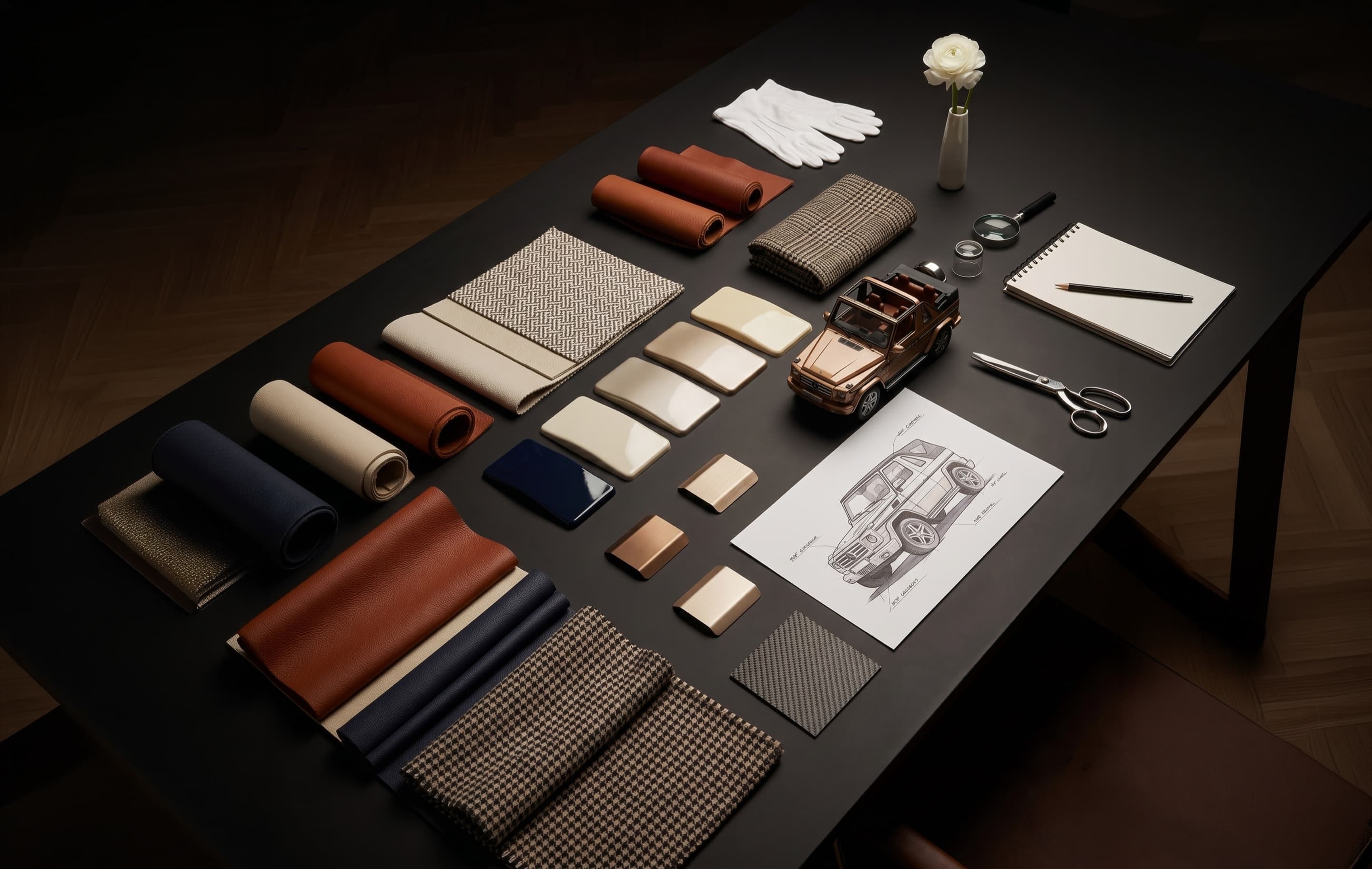 HOF material flatlay - leather hides, jacquard swatches, hardware, sketches