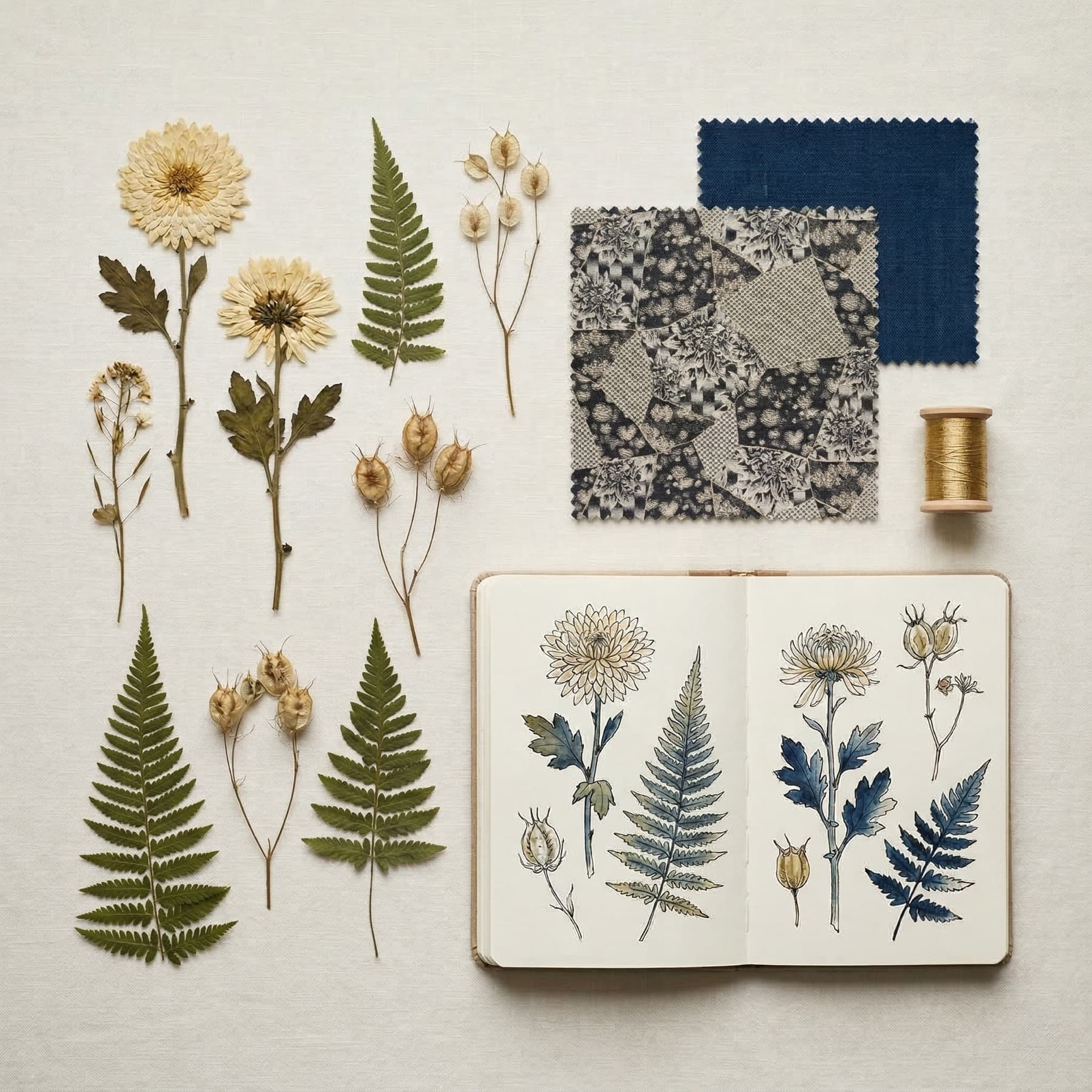 Material study - Silk Gold jacquard against Aizome Blue
