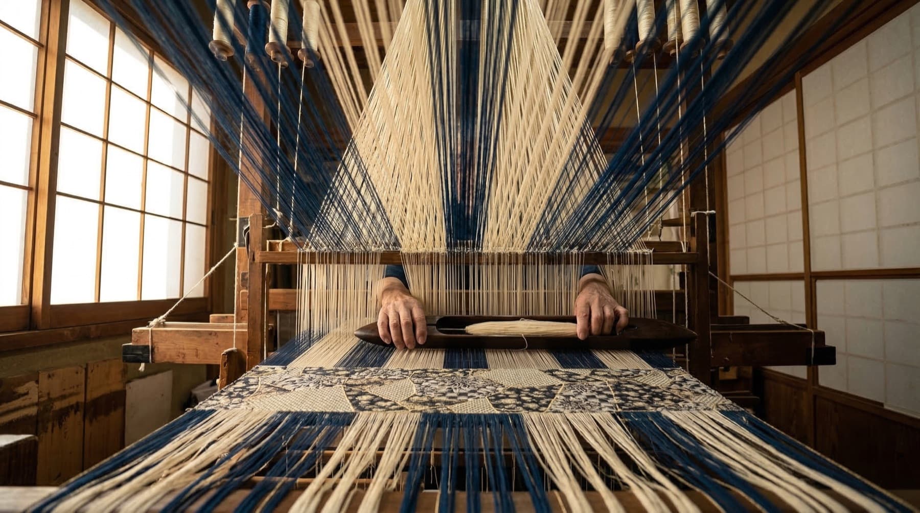Nishijin loom - botanical jacquard being woven