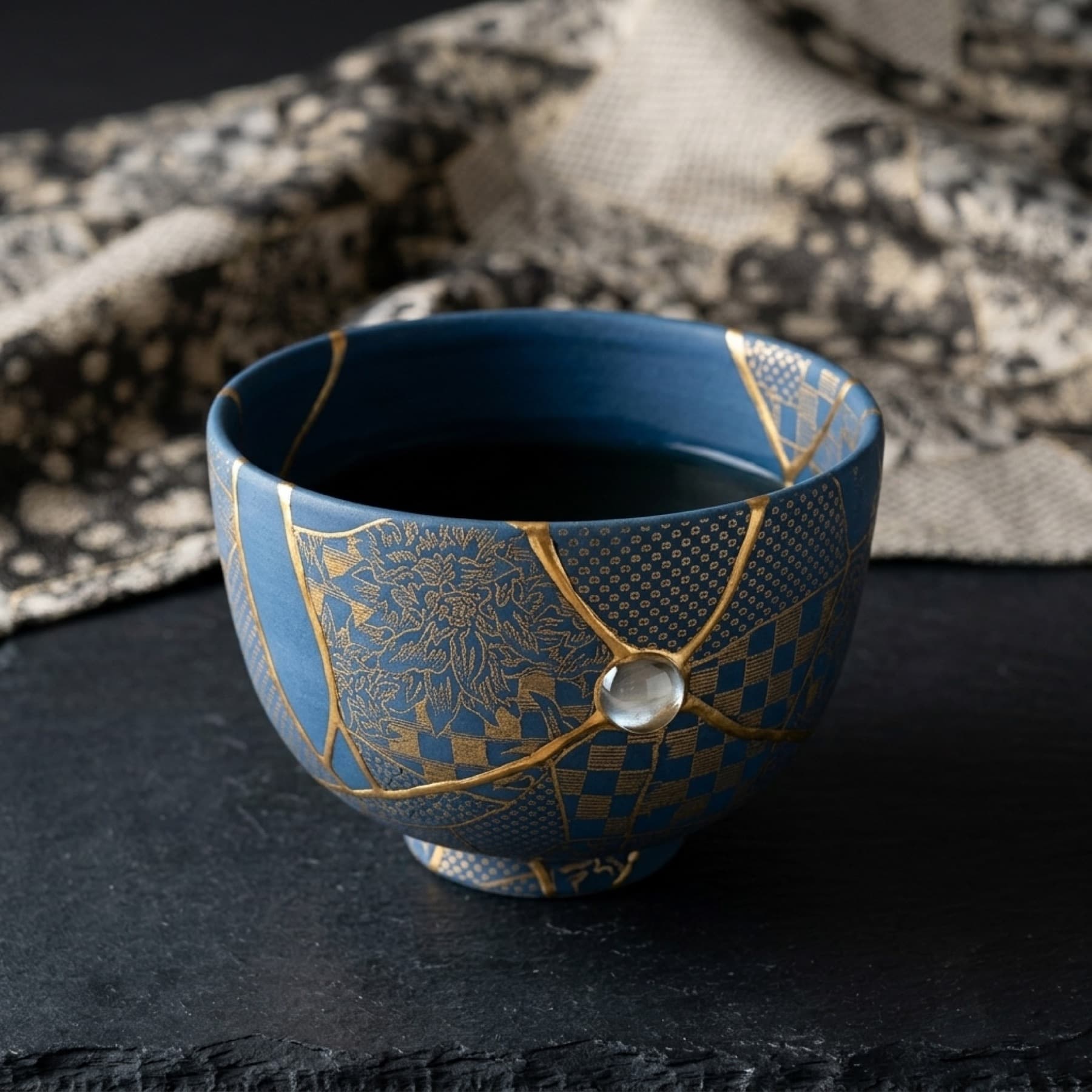 Kintsugi - gold repair on dark ceramic