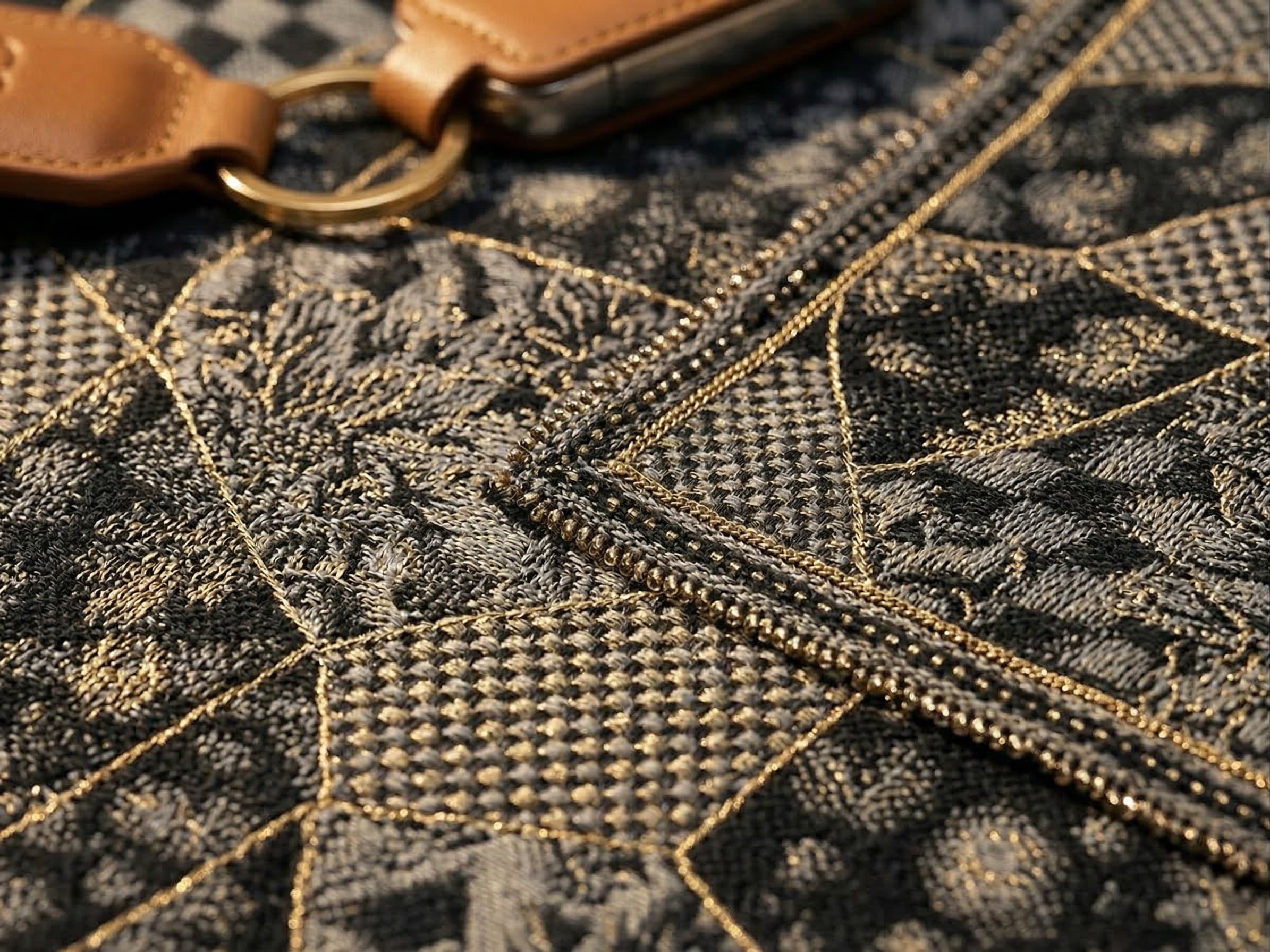 Botanical jacquard textile - Aizome Blue ground, Silk Gold thread