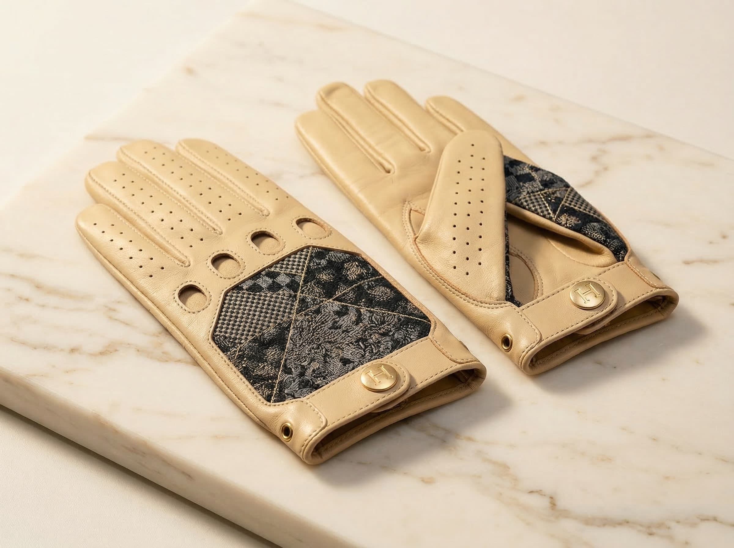 Kinsō Driving Gloves - Kinari Crème leather, jacquard inserts