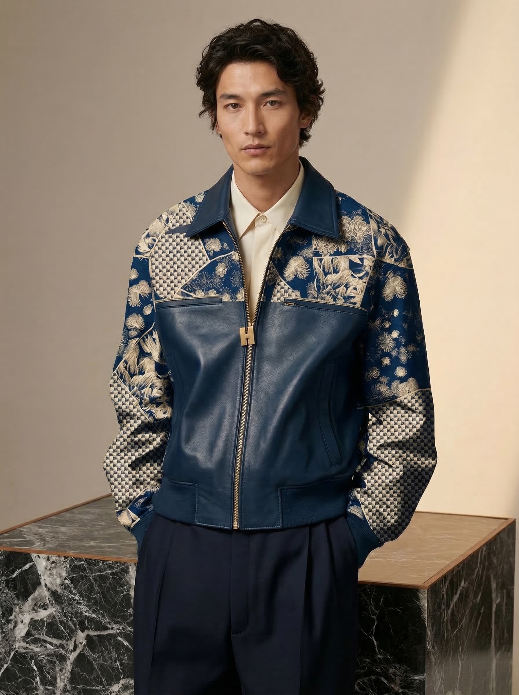 Kinsō Men's Jacket - Aizome Blue leather with botanical jacquard