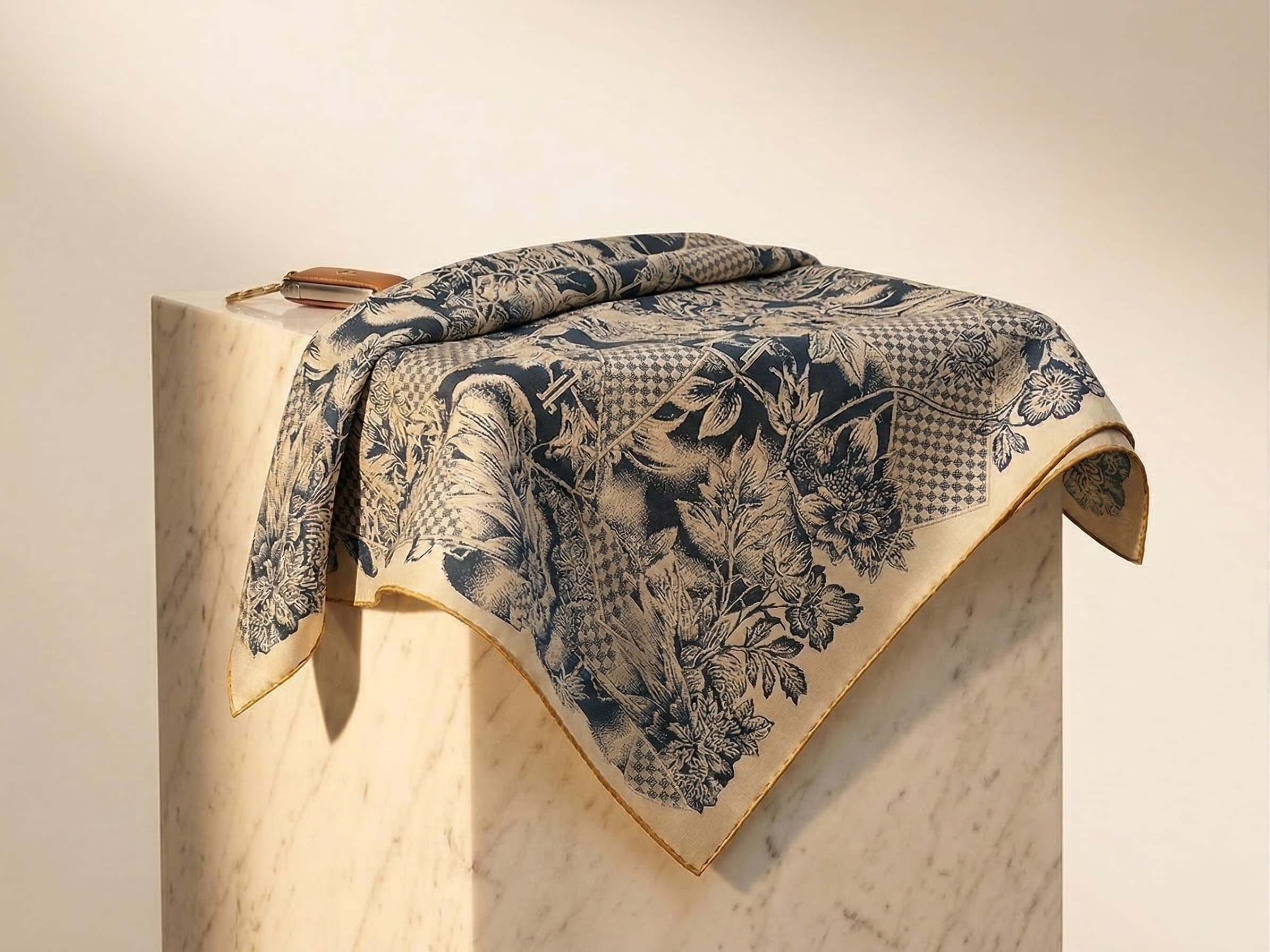 Kinsō Silk Scarf - Aizome Blue with botanical motif